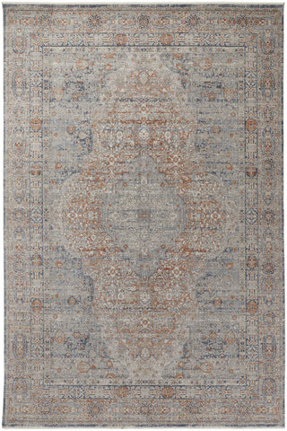 5' X 7' Gray Ivory and Orange Oriental Power Loom Worn Faded Area Rug With Fringe