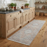 8' Gray Ivory and Orange Oriental Power Loom Worn Faded Runner Rug With Fringe