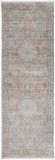 8' Gray Ivory and Orange Oriental Power Loom Worn Faded Runner Rug With Fringe