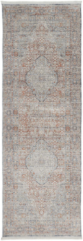 8' Gray Ivory and Orange Oriental Power Loom Worn Faded Runner Rug With Fringe