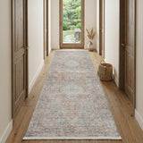 10' Gray Ivory and Orange Oriental Power Loom Runner Rug With Fringe