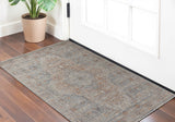 2' X 3' Gray Ivory and Orange Oriental Power Loom Worn Faded Area Rug With Fringe