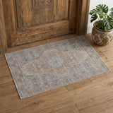 2' X 3' Gray Ivory and Orange Oriental Power Loom Worn Faded Area Rug With Fringe