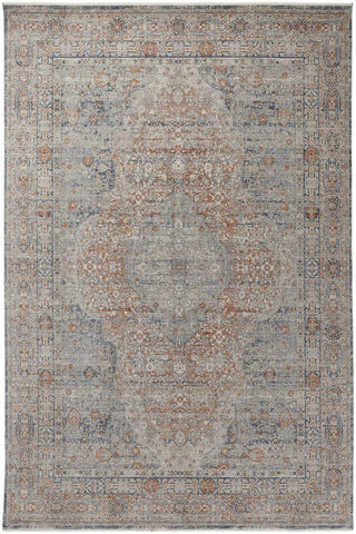 2' X 3' Gray Ivory and Orange Oriental Power Loom Worn Faded Area Rug With Fringe