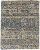 4' X 6' Tan Ivory And Blue Wool Geometric Hand Knotted Area Rug