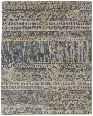 4' X 6' Tan Ivory And Blue Wool Geometric Hand Knotted Area Rug