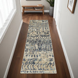 8' Ivory and Blue Wool Geometric Hand Knotted Runner Rug