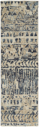 8' Ivory and Blue Wool Geometric Hand Knotted Runner Rug