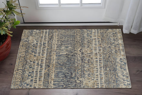2' X 3' Tan Ivory And Blue Wool Geometric Hand Knotted Area Rug