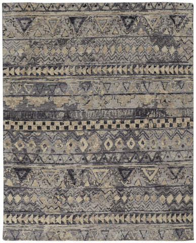 2' X 3' Taupe Gray and Tan Wool Geometric Hand Knotted Area Rug