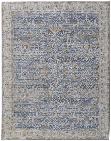2' X 3' Blue Taupe And Ivory Ikat Distressed Area Rug With Fringe