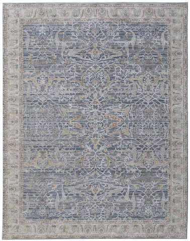 2' X 3' Blue Taupe And Ivory Ikat Distressed Area Rug With Fringe
