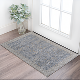 2' X 3' Blue Taupe And Ivory Ikat Distressed Area Rug With Fringe