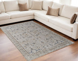 5' X 8' Gray Blue and Red Ikat Power Loom Worn Faded Area Rug With Fringe