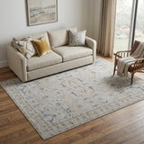 5' X 8' Ivory Blue And Taupe Ikat Distressed Area Rug With Fringe