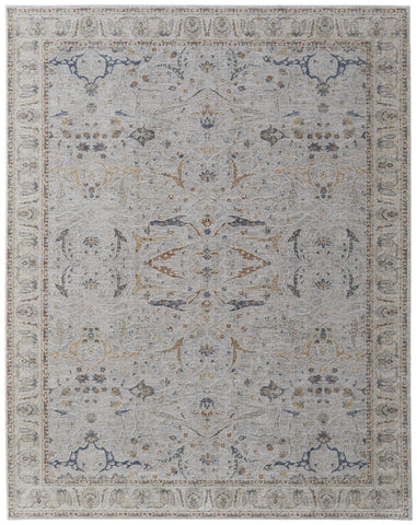 5' X 8' Ivory Blue And Taupe Ikat Distressed Area Rug With Fringe