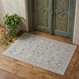 2' X 3' Ivory Taupe and Blue Ikat Power Loom Worn Faded Area Rug With Fringe