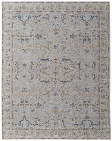 2' X 3' Ivory Taupe and Blue Ikat Power Loom Worn Faded Area Rug With Fringe