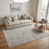 5' X 8' Ivory Taupe and Blue Oriental Power Loom Worn Faded Area Rug With Fringe