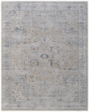 5' X 8' Ivory Taupe and Blue Oriental Power Loom Worn Faded Area Rug With Fringe
