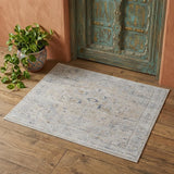 2' X 3' Ivory Taupe and Blue Oriental Power Loom Worn Faded Area Rug With Fringe