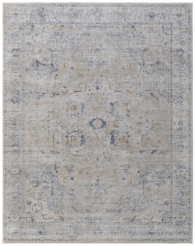 2' X 3' Ivory Taupe and Blue Oriental Power Loom Worn Faded Area Rug With Fringe