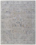 2' X 3' Ivory Taupe and Blue Oriental Power Loom Worn Faded Area Rug With Fringe