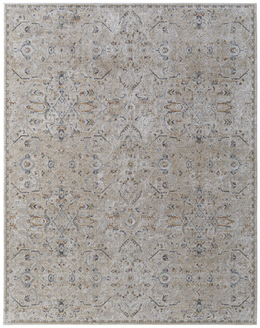5' X 8' Ivory Taupe and Blue Abstract Power Loom Worn Faded Area Rug With Fringe