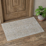 2' X 3' Ivory Taupe and Blue Abstract Power Loom Worn Faded Area Rug With Fringe