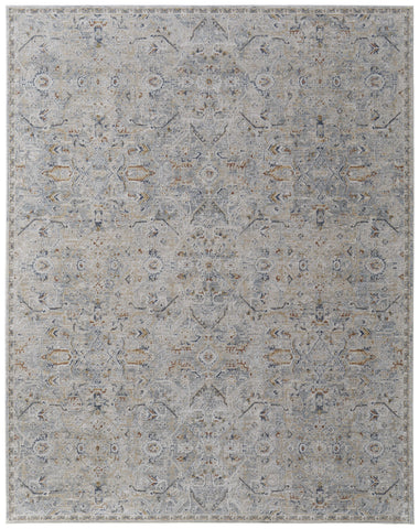 5' X 8' Ivory Tan and Blue Abstract Power Loom Worn Faded Area Rug With Fringe