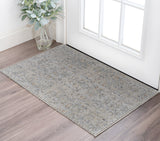2' X 3' Ivory Tan and Blue Abstract Power Loom Worn Faded Area Rug With Fringe
