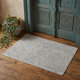 2' X 3' Ivory Tan and Blue Abstract Power Loom Worn Faded Area Rug With Fringe