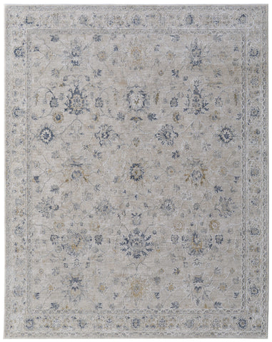5' X 8' Ivory Taupe and Blue Floral Power Loom Worn Faded Area Rug With Fringe