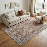 5' X 8' Red Blue and Ivory Floral Power Loom Worn Faded Area Rug With Fringe