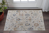 2' X 3' Ivory Blue and Gold Floral Power Loom Worn Faded Area Rug With Fringe
