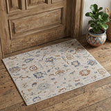 2' X 3' Ivory Blue and Gold Floral Power Loom Worn Faded Area Rug With Fringe