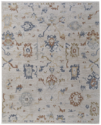 2' X 3' Ivory Blue and Gold Floral Power Loom Worn Faded Area Rug With Fringe