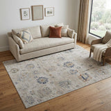 5' X 8' Ivory Taupe and Blue Floral Power Loom Worn Faded Area Rug With Fringe