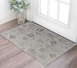 2' X 3' Ivory Taupe and Blue Floral Power Loom Worn Faded Area Rug With Fringe