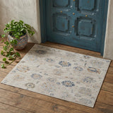 2' X 3' Ivory Taupe and Blue Floral Power Loom Worn Faded Area Rug With Fringe