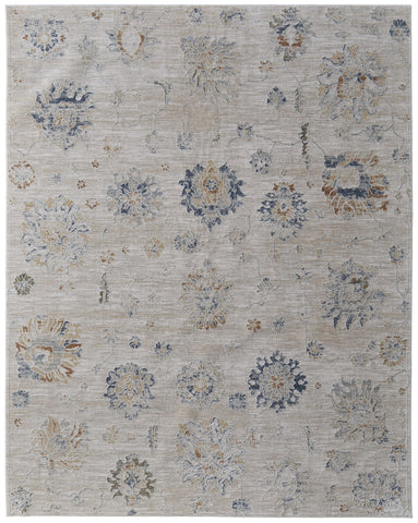 2' X 3' Ivory Taupe and Blue Floral Power Loom Worn Faded Area Rug With Fringe