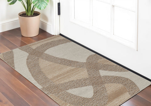 2' X 3' Brown Tan and Ivory Wool Abstract Hand Tufted Area Rug