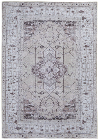 4' X 6' Gray Tan and Ivory Oriental Power Loom Worn Faded Washable Area Rug