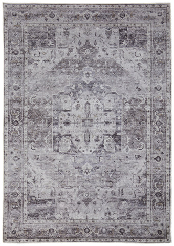 4' X 6' Gray and Ivory Oriental Power Loom Worn Faded Washable Area Rug