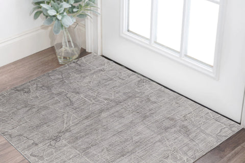 2' X 3' Gray and Ivory Abstract Hand Woven Worn Faded Area Rug