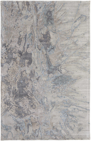 4' X 6' Gray Tan And Blue Abstract Hand Tufted Distressed Area Rug