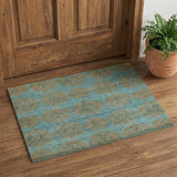 2' X 3' Green Blue And Taupe Floral Hand Knotted Distressed Area Rug