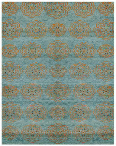 2' X 3' Green Blue And Taupe Floral Hand Knotted Distressed Area Rug