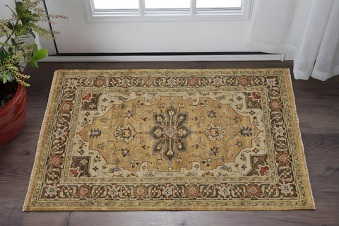 2' X 3' Tan Brown and Gold Wool Oriental Hand Knotted Area Rug