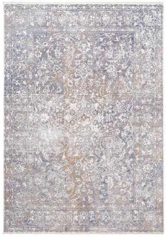 2' X 3' Gray and Orange Abstract Power Loom Worn Faded Area Rug With Fringe